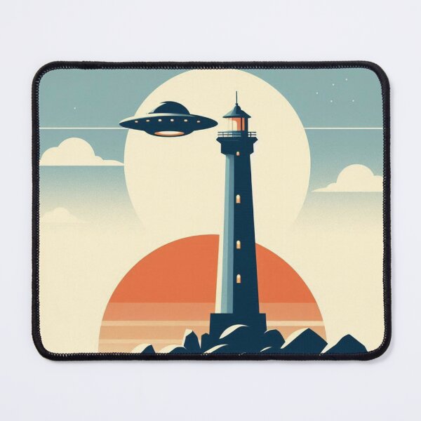 Item preview, Retro Lighthouse – UFO Sunset Encounter designed and sold by Dogandesighn.