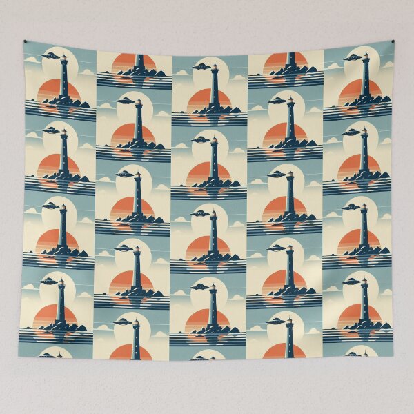Item preview, Retro Lighthouse – UFO Sunset Encounter designed and sold by Dogandesighn.