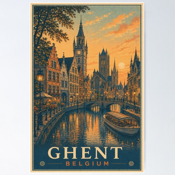 Item preview, Ghent Belgium Vintage Travel Poster designed and sold by Dream City Prints.