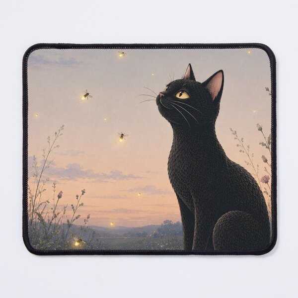 Item preview, Black Cat Under Fireflies in a Twilight Meadow designed and sold by VelvetClawStudio.