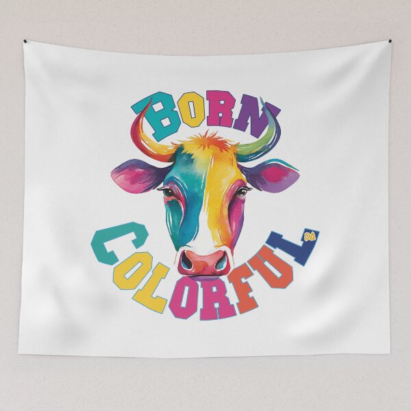 Item preview, BORN COLORFUL Rainbow Cow Mascot Watercolor Typography Streetwear Graphic designed and sold by DesignArtist.ia.