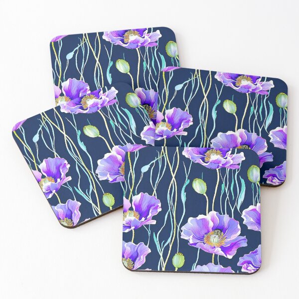 Item preview, purple poppy floral pattern with dark navy botanical linework and elegant garden aesthetic designed and sold by JackrabbitPub.