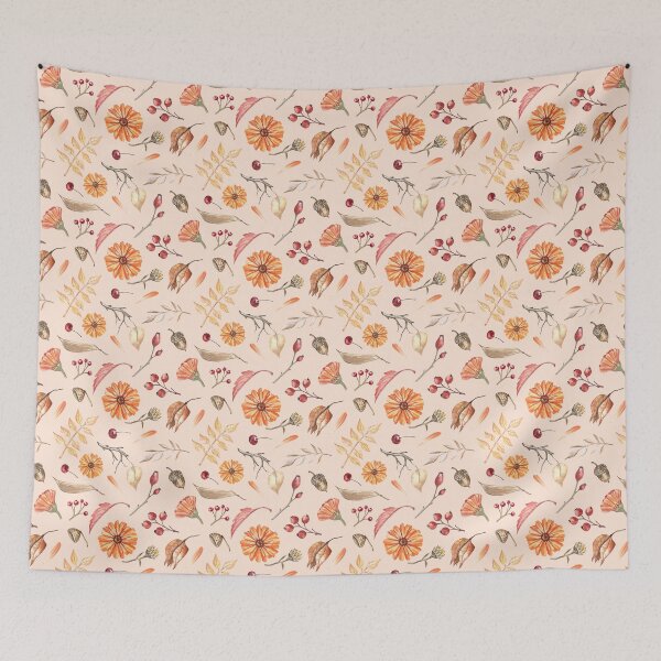 Item preview, Autumn Flowers and Leaves Pattern on Orange designed and sold by Flowersforbear.