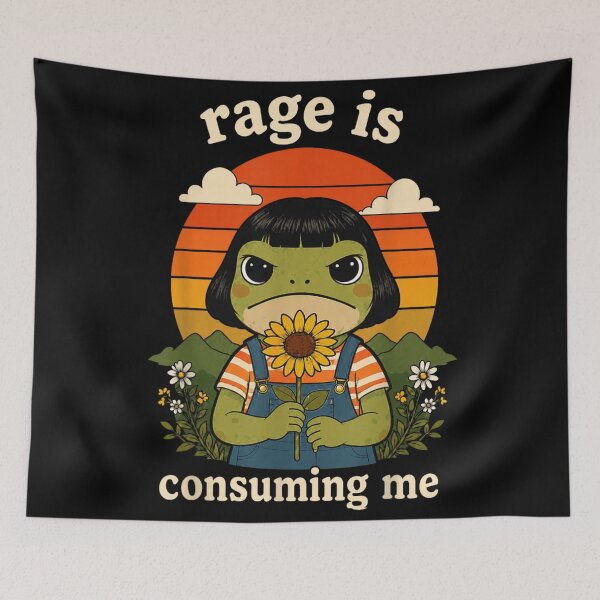 Item preview, Cute Angry Frog Girl Wearing Denim Overalls Holding Sunflower Feeling Intense Rage designed and sold by DaphoLatara.