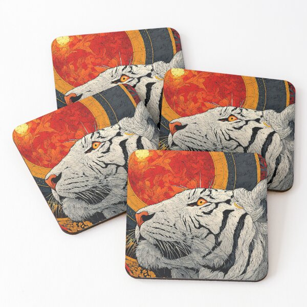 Item preview, asian inspired white tiger portrait with red moon floral gold linework and dramatic luxury style designed and sold by JackrabbitPub.