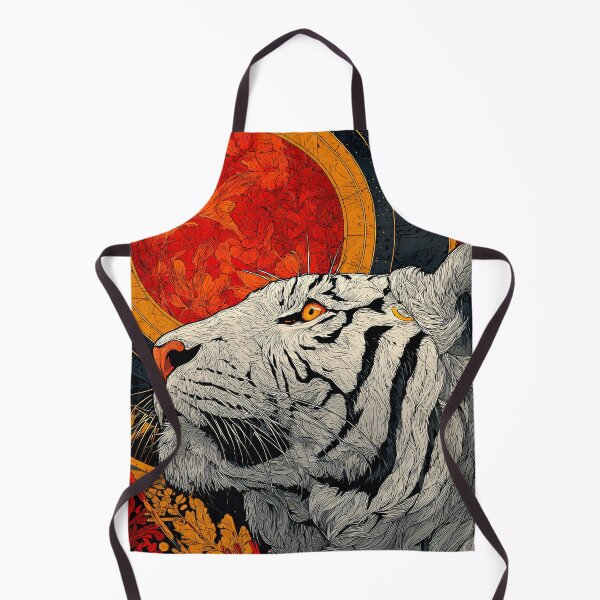 Item preview, asian inspired white tiger portrait with red moon floral gold linework and dramatic luxury style designed and sold by JackrabbitPub.