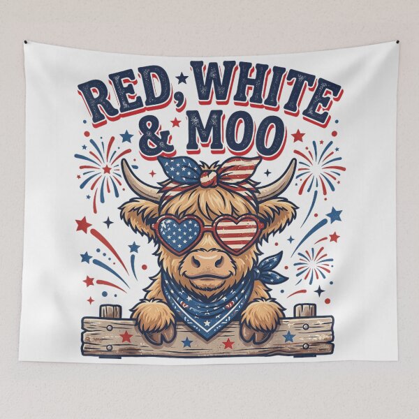 Item preview, 4th Of July Red White And Moo Patriotic Highland Cow Flag designed and sold by LittleNhutton.
