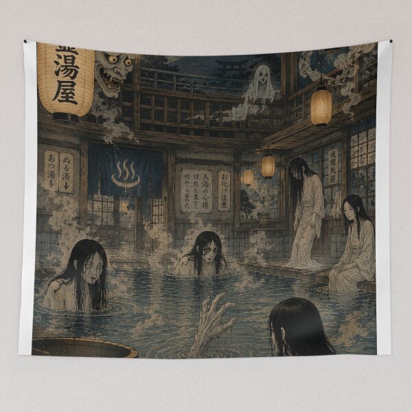 Item preview, Haunted Japanese Bathhouse Ukiyo-e Art Print | Ghost Onsen Yokai Horror Wall Art designed and sold by Vandy Fullam.