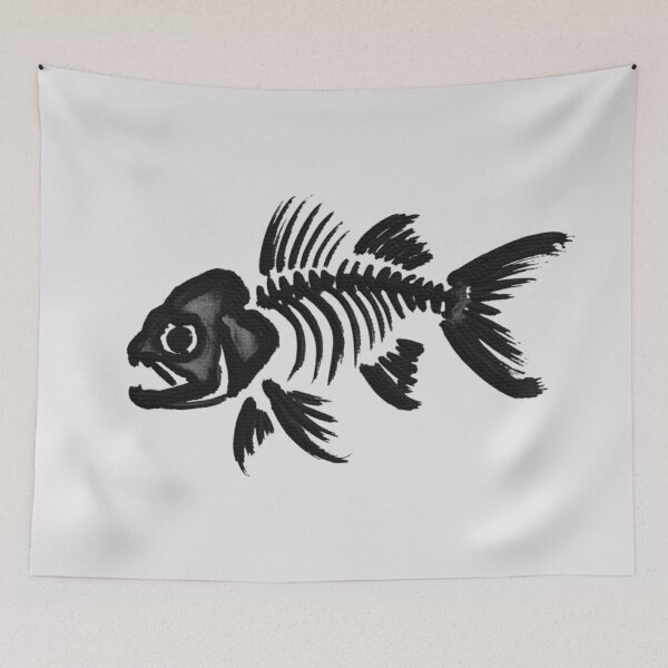 Item preview, A black ink brush sumi-e painting of a fish skeleton designed and sold by 123ks.