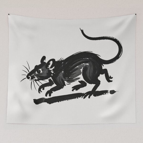 Item preview, A black ink brush sumi-e painting of a running rat designed and sold by 123ks.