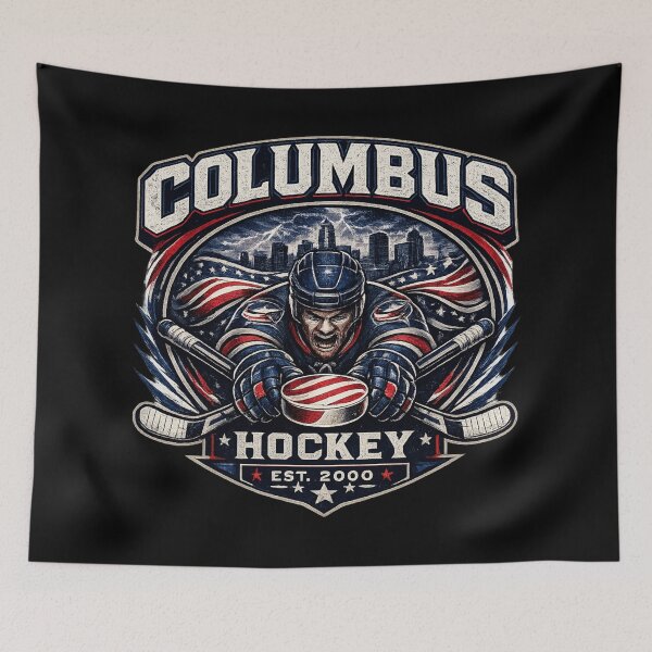 Item preview, Columbus Hockey Vintage Mascot Crest | Blue Red Hockey Design designed and sold by TKOprintdesigns.