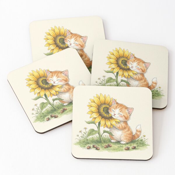 Item preview, Cute Watercolor Orange Tabby Kitten Hugging Sunflower Art designed and sold by BreezifyDesignStudio.