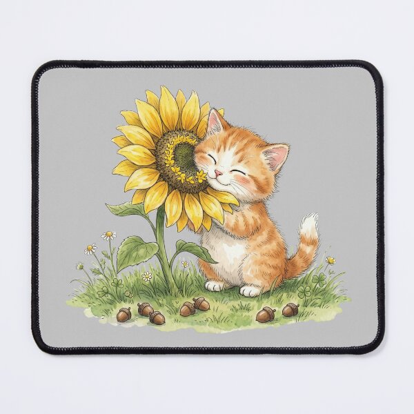 Item preview, Cute Watercolor Orange Tabby Kitten Hugging Sunflower Art designed and sold by BreezifyDesignStudio.