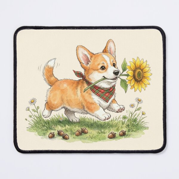 Item preview, Happy Watercolor Corgi Puppy with Plaid Bandana and Sunflower designed and sold by BreezifyDesignStudio.