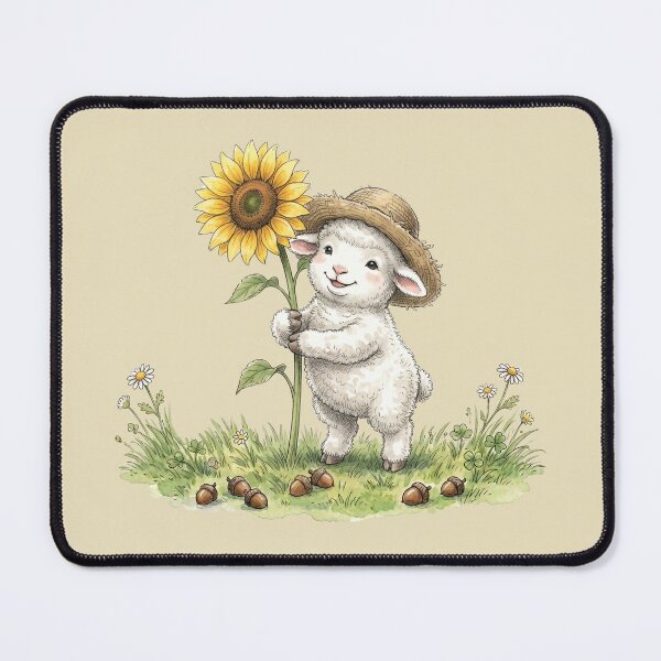Item preview, Cute Fluffy Watercolor Lamb wearing Straw Hat with Sunflower designed and sold by BreezifyDesignStudio.