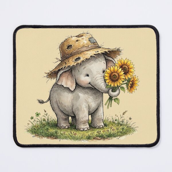 Item preview, Cute Watercolor Baby Elephant with Straw Hat and Sunflower Bouquet designed and sold by BreezifyDesignStudio.