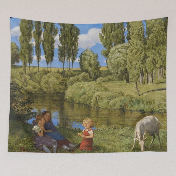 Item preview, Am Stillen Bach by Hans Thoma 1901 — Vintage Pastoral Children & Goat Painting designed and sold by artofuniverse.