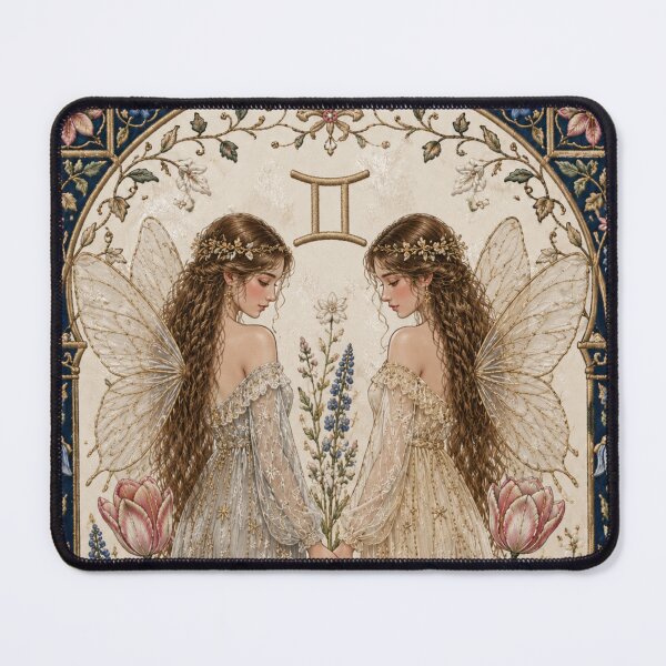 Item preview, Gemini Fairy Holding Hands | Celtic Cottagecore Astrology Art | Two Souls One Mind | Medieval Faux Embroidery Print designed and sold by doinitzart.