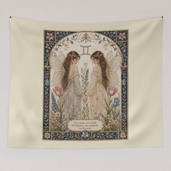 Item preview, Gemini Fairy Holding Hands | Celtic Cottagecore Astrology Art | Two Souls One Mind | Medieval Faux Embroidery Print designed and sold by doinitzart.
