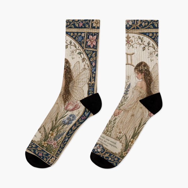 Item preview, Gemini Fairy Holding Hands | Celtic Cottagecore Astrology Art | Two Souls One Mind | Medieval Faux Embroidery Print designed and sold by doinitzart.