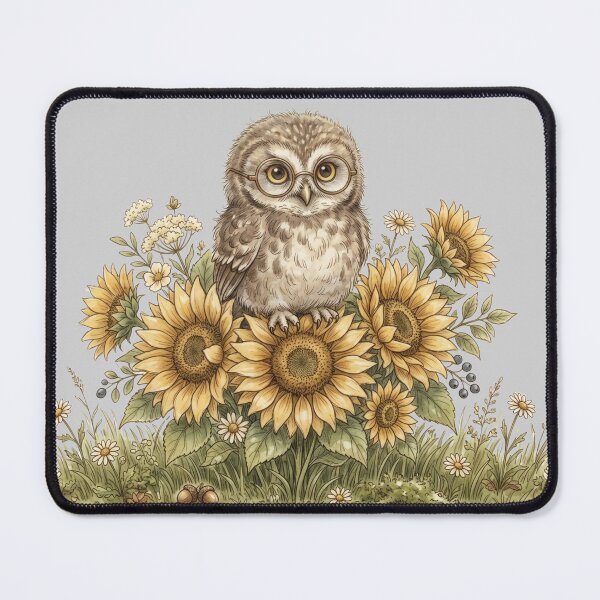 Item preview, Cute Watercolor Owl with Glasses Perched on Sunflowers Art designed and sold by BreezifyDesignStudio.