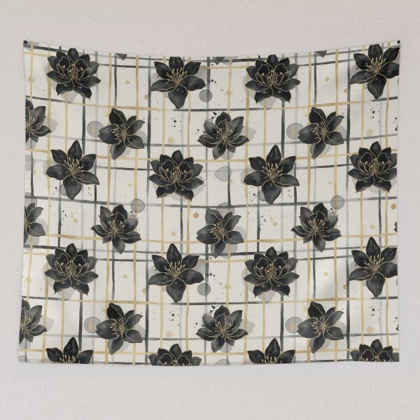 Item preview, ​Gothic Black Lilies and Gold Plaid Pattern  designed and sold by wissal.studio.