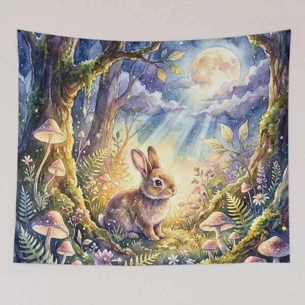 Aperçu de l'œuvre Forêt féerique au clair de lune et lapin des bois créée et vendue par Storybook Botanica.