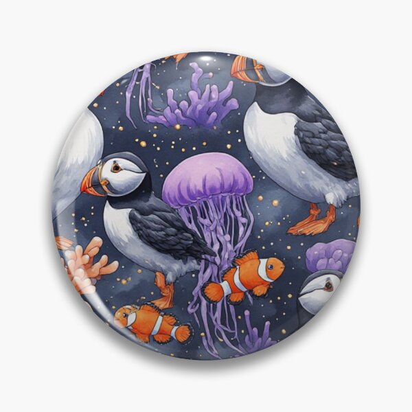Item preview, Whimsical Ocean Puffin and Jellyfish Reef Pattern designed and sold by dcohea.