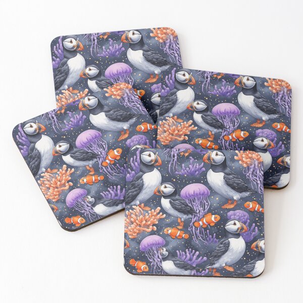 Item preview, Whimsical Ocean Puffin and Jellyfish Reef Pattern designed and sold by dcohea.