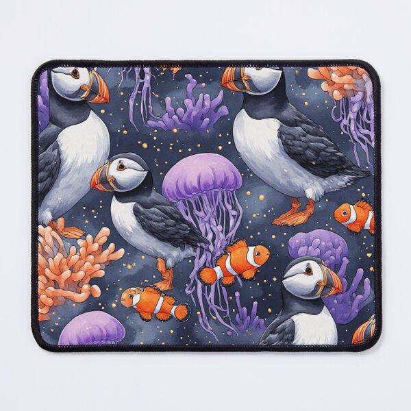 Item preview, Whimsical Ocean Puffin and Jellyfish Reef Pattern designed and sold by dcohea.