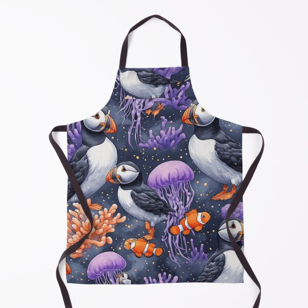 Item preview, Whimsical Ocean Puffin and Jellyfish Reef Pattern designed and sold by dcohea.