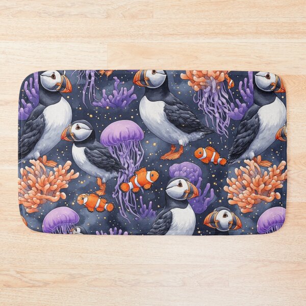 Item preview, Whimsical Ocean Puffin and Jellyfish Reef Pattern designed and sold by dcohea.
