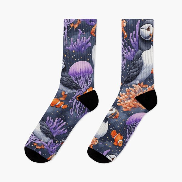 Item preview, Whimsical Ocean Puffin and Jellyfish Reef Pattern designed and sold by dcohea.