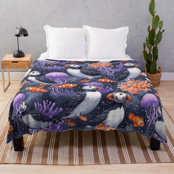 Item preview, Whimsical Ocean Puffin and Jellyfish Reef Pattern designed and sold by dcohea.