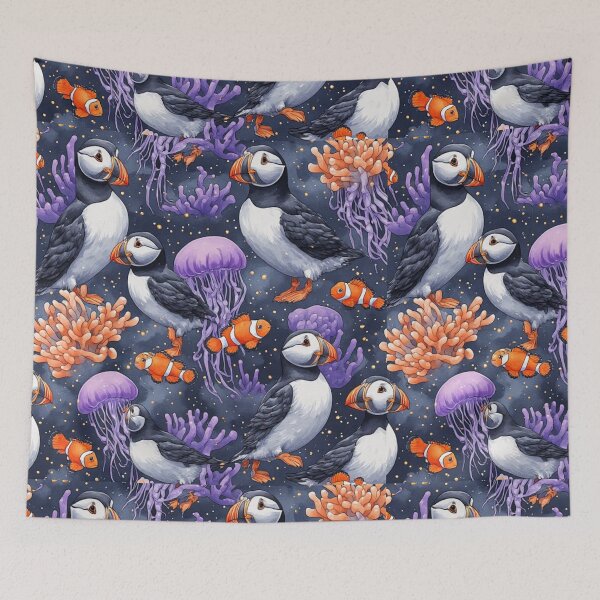 Item preview, Whimsical Ocean Puffin and Jellyfish Reef Pattern designed and sold by dcohea.