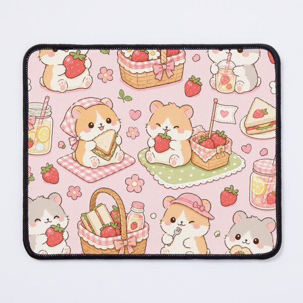 Item preview, Kawaii Hamster Strawberry Picnic Pattern designed and sold by Soft Berry Studio.