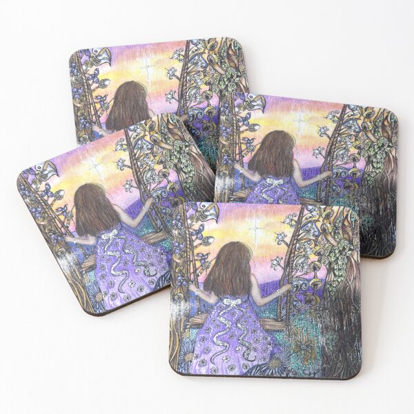Item preview, Whimsical Girl on Swing in Enchanted Purple Forest at Sunset designed and sold by LorieFossaArt.