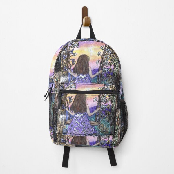 Item preview, Whimsical Girl on Swing in Enchanted Purple Forest at Sunset designed and sold by LorieFossaArt.