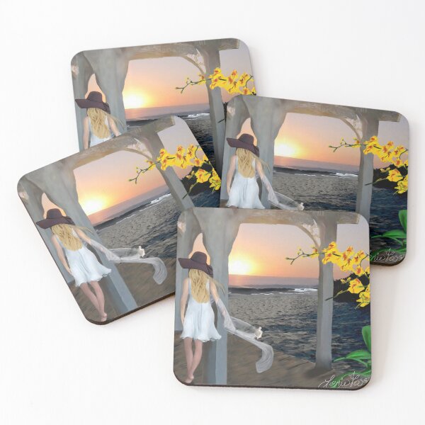 Item preview, Sunset Beach Woman Walking on Pier with Yellow Flowers designed and sold by LorieFossaArt.