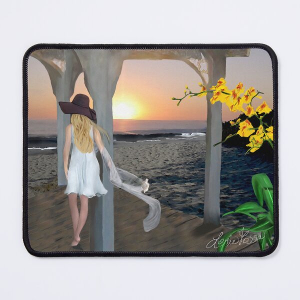 Item preview, Sunset Beach Woman Walking on Pier with Yellow Flowers designed and sold by LorieFossaArt.