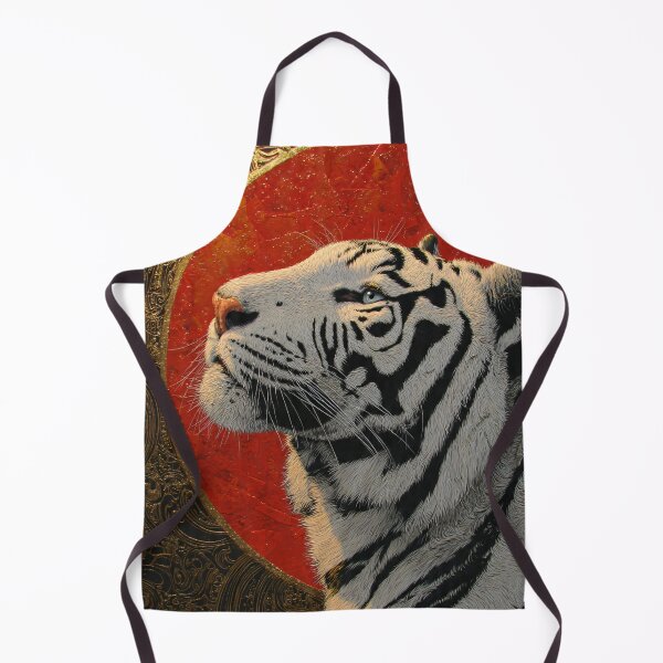 Item preview, asian inspired white tiger portrait with red sun and ornate gold vintage wildlife aesthetic designed and sold by JackrabbitPub.