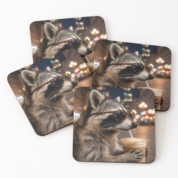 Item preview, Raccoon Drinking Iced Latte Wearing Sunglassess designed and sold by petalandarmour.