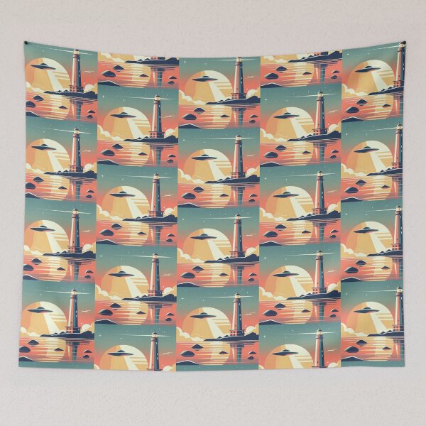 Item preview, Cosmic Lighthouse – UFO Sunset Scene designed and sold by Dogandesighn.