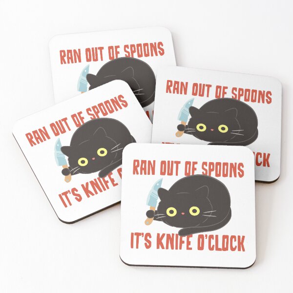 Item preview, Ran Out of Spoons Knife O'Clock Funny T-Shirts Tees Pins Stickers Magnets Mugs Black Cat Knife Spoonies Chronic Illness  Autoimmune Disability Humor Tees Gifts   designed and sold by ChronicillnessT.