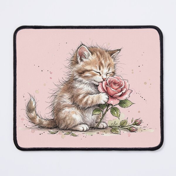 Item preview, Cute Watercolor Kitten Smelling Pink Rose Art designed and sold by BreezifyDesignStudio.