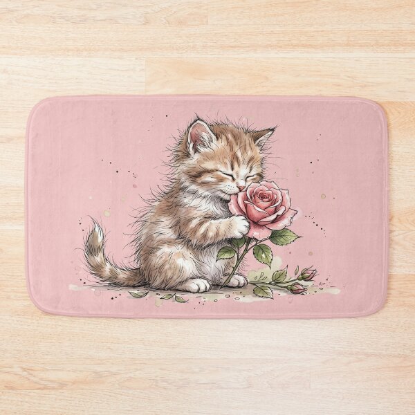 Item preview, Cute Watercolor Kitten Smelling Pink Rose Art designed and sold by BreezifyDesignStudio.