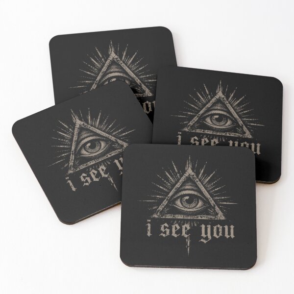 Item preview, Symbol of an eye within a triangle with the words I see you on a dark background representing mystery and observation designed and sold by SpaceartLilu.