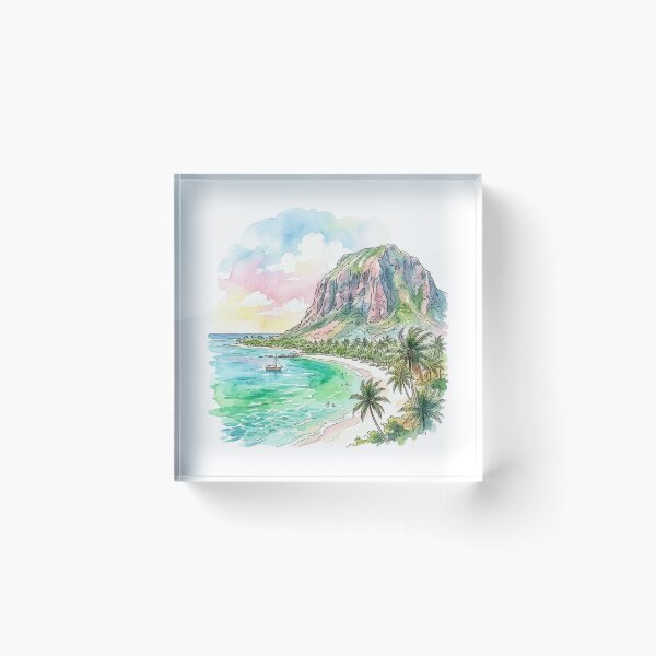 Item preview, Watercolor Le Morne Mountain Mauritius Beach designed and sold by DuckOddity.