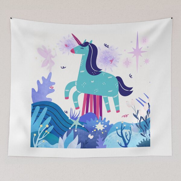 Item preview, Modern Teal Unicorn in Mystical Forest: Boho Fantasy Landscape Art designed and sold by Yasmine Mohammed.