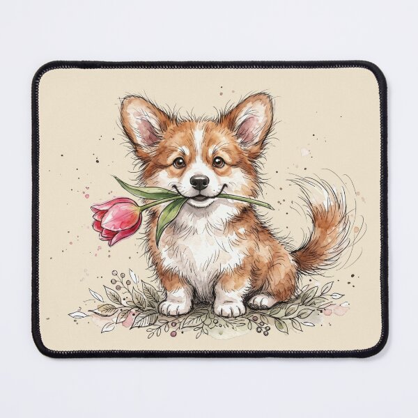 Artikelvorschau, Niedlicher Corgi-Welpe mit rosa Tulpe in Aquarelltechnik entworfen und verkauft von BreezifyDesignStudio.